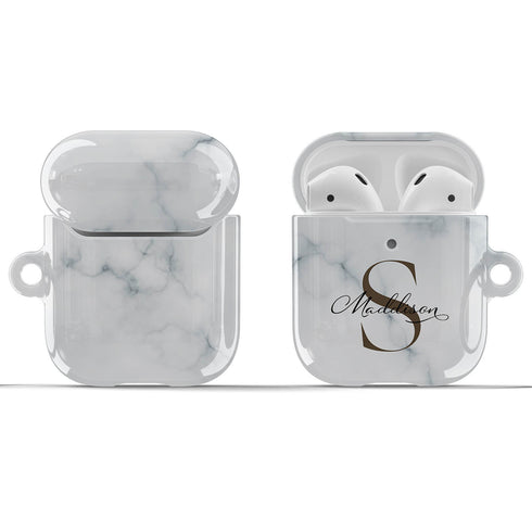 Monogram Personalized White Marble AirPods Case